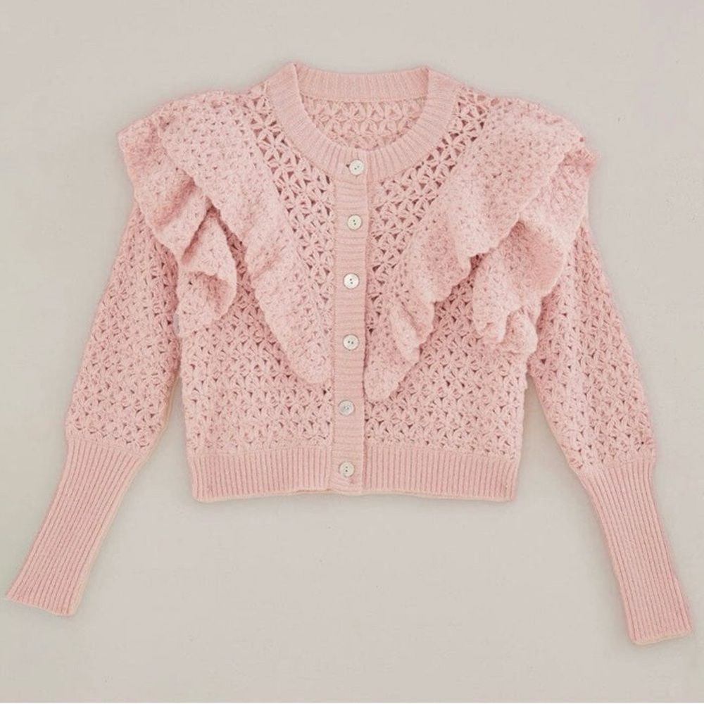SOLD FARM Rio Pink Flower Texture Knit Cardigan Sweater Button Ruffle Size L - Picture 6 of 16